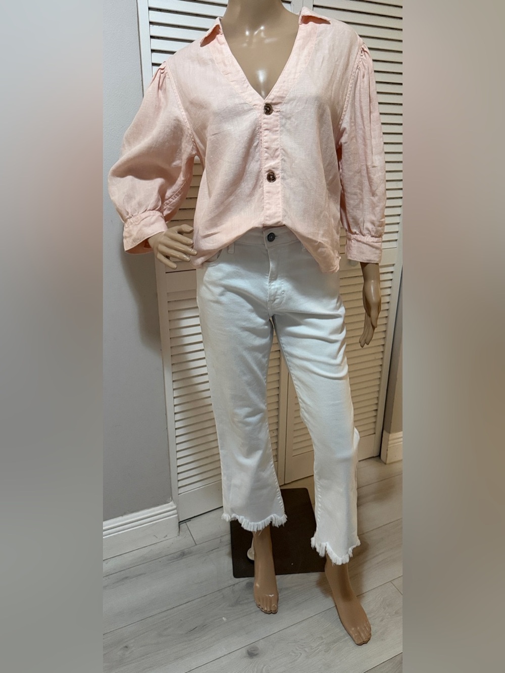DL1961 Peach Linen Puff Sleeve Blouse |Lightweight Button Front Top | Size Small